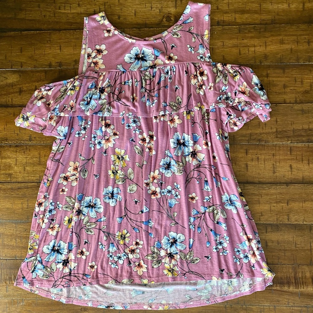 Mauve floral cold shoulder top - split shoulder with ruffle